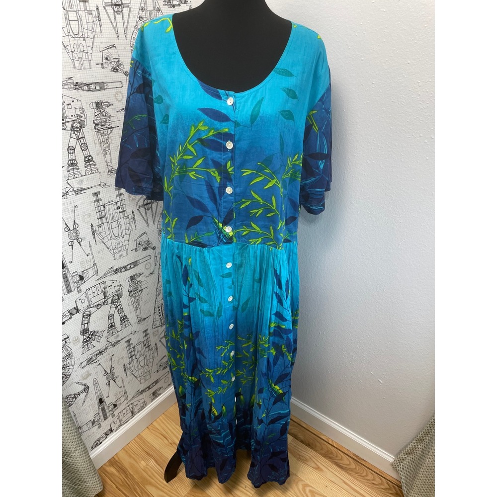 La Cera Maxi Dress Cotton Tropical 3XL Blue Green Button Front Boho Babydoll
